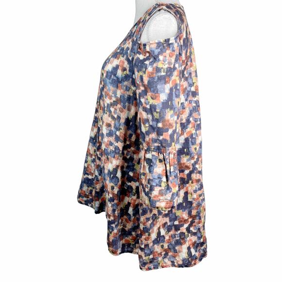 John Mark Linen Cold Shoulder Bell Sleeve Tunic Top Watercolor Print M - Picture 4 of 9